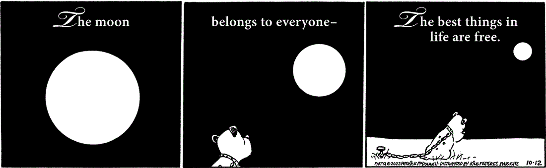  October 12 2023, Daily Comic Strip: In this MUTTS comic, we Guard Dog looking up at the moon alongside the phrase, "The moon belongs to everyone." He looks down, somber, alongside the phrase, "The best things in life are free." 